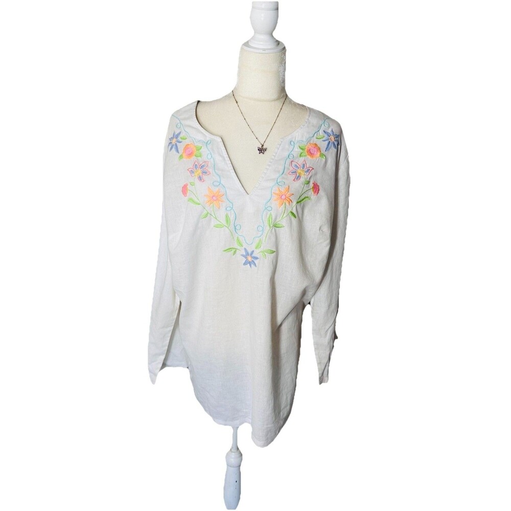 Westbound Embroidered Peasant SZ XL Linen Cotton White Sleeve Tunic Top Cottagec